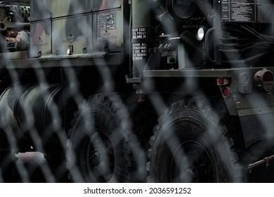 Aurora, Colorado, USA - March 9, 2021: Back Of A Truck Parked At The Colorado Army National Guard Recruiting Center, Through The Fence.