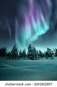 The Aurora Northern Lights flicker in the winter night sky above a forest in Sweden. Photo Composite. - Shutterstock ID 2041802897