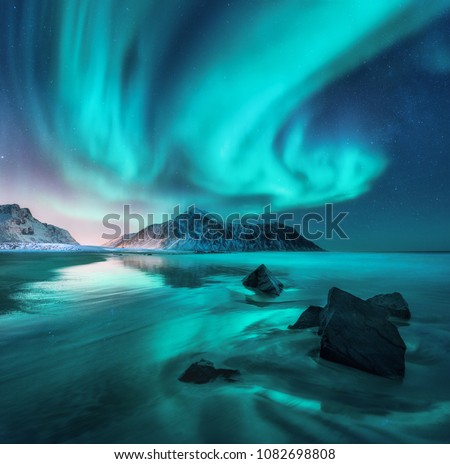 Similar – Image, Stock Photo Fjord with Milky Way in the sky. View of mountains and fjord landscape in Norway