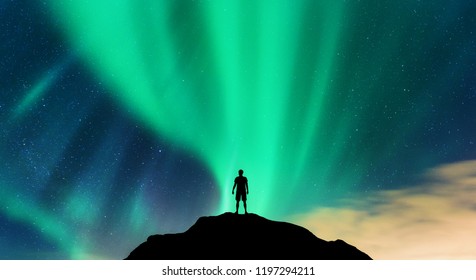 Aurora Silhouette Alone Standing Man On Stock Photo 1197294211 ...