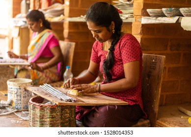 Auroville, Tamilnadu/India- September 4 2019: Display handicrafts and workers in Wellpaper  Auroville, Tamilnadu