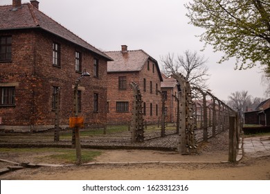 Auschwitz, Auschwitz/Poland - 04.12.2019: Electric Fence In Auschwitz I, Poland. Holocaust Concept.