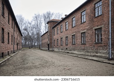 Auschwitz Birkenau barracks with empty street