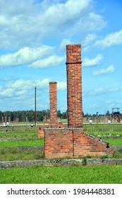 AUSCHWITZ BIRKENAU POLAND 09 17 17: Concentration camp barracks chimney ruins was a network of German Nazi concentration camps and extermination camps built and operated by the Third Reich in Poland.