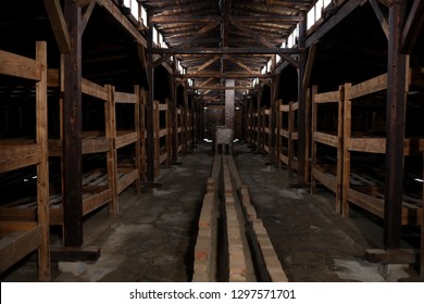 Auschwitz Birkenau, Poland 27 January 2019: Part Of Auschwitz Concentration Camp Holocaust Memorial Museum, Arbeit Macht Frei, Blockhouse Interterior, Winter