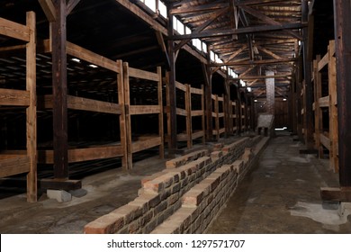 Auschwitz Birkenau, Poland 27 January 2019: Part Of Auschwitz Concentration Camp Holocaust Memorial Museum, Arbeit Macht Frei, Blockhouse Interterior, Winter