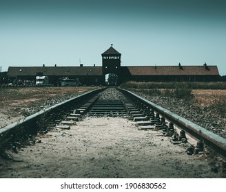 Auschwitz, Poland - 30.06.2019: View From The Railway To The Auschwitz Concentration Camp.