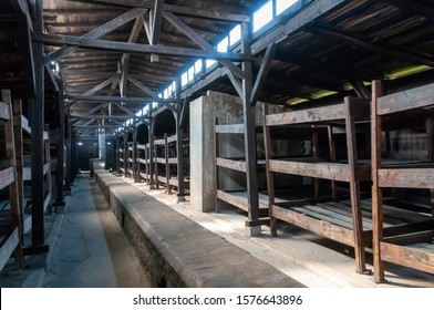 AUSCHWITZ, POLAND, - APRIL, 7, 2009: Bunk beds in Auschwitz concentration camp (Konzentrationslager Auschwitz)