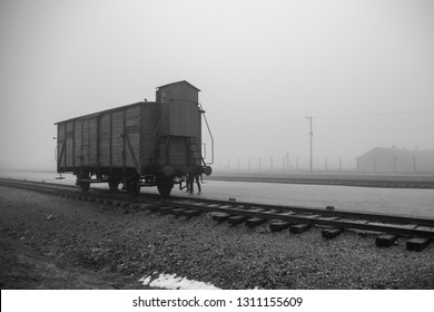 AUSCHWITZ, POLAND - FEBRUARY 10, 2019 ; Transport Train to Auschwitz II Birkenau Concetration Camp. Railway wagon to transport people to the death camp. German Concentration Camp in Oswiecim, Poland.