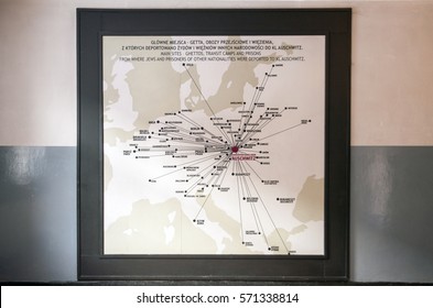 AUSCHWITZ, POLAND - JANUARY 28, 2017 ; Museum Auschwitz Map On Wall. Main Sites - Ghettos, Transit Camps And Prisons From Where Jews And Prisoners Of Other Nationalities Were Deported To Kl Auschwitz.