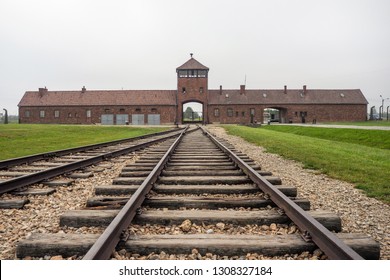 Auschwitz-Birkenau, Poland - August 1, 2017: Stable access with tracks to the prison camp and extermination