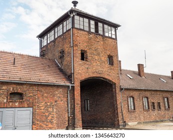 Auschwitz-Birkenau, Poland - July 31, 2017: Barracks and remains inside the prison camp