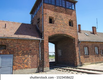 Auschwitz-Birkenau, Poland - June 27, 2019 Main gate of the German concentration camp Birkenau.