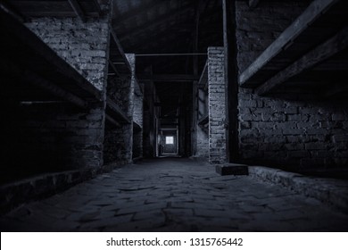 Auschwitz-Birkenau, Poland/February 10, 2019 ; Barak for mothers with children in the Auschwitz - Birkenau concentration camp. Prison lanes for children.The interior of the building in the camp.