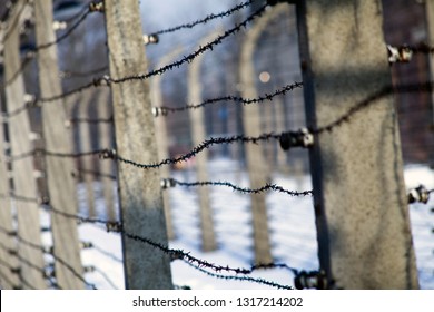 Auschwitz-Birkenau, Poland/February 10, 2019 ; Museum Auschwitz - Holocaust Memorial Museum. Anniversary Concentration Camp Liberation Barbed wire around a concentration camp. 
