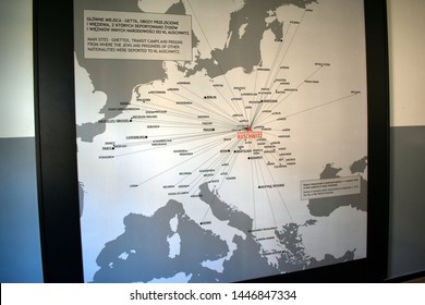 Auschwitz/Poland-June 3, 2019:  A Wall Map Showing The Main Sites For Ghettos, Transit Camps And Prisons Which Provided Victims For Auschwitz Concentration Camp