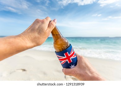 Aussie Culture, Hands Open A Cold Beer On The Beach In Summer.  Australian Culture, Beach Party, Barbeque, Celebrate, Holiday, Chilling Out