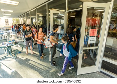 AUSTIN - CIRCA MARCH 2016: Students And Austinites Wait In Long Lines To Vote In The 2016 Primary Election At A Polling Station In Central Austin, Texas.