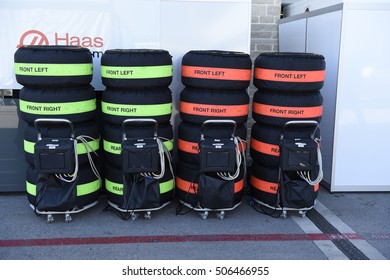 AUSTIN - OCTOBER 22:  Haas F1 Team Tires Are Stacked And Labeled Outside The Pit Lane At The Circuit Of The Americas On October 22, 2016 In Austin, Texas.