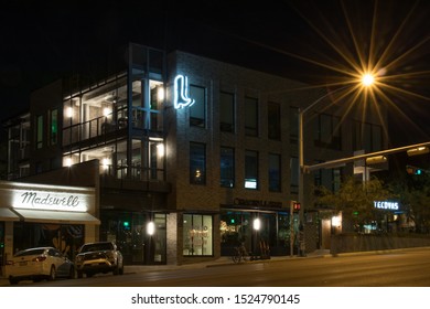 Austin, Texas - 6 October 2019: A Street Light Illuminates A Scene In The Dark Of Night