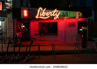 Austin, Texas - APRIL 2, 2021: East Austin's Famous Liberty Bar.