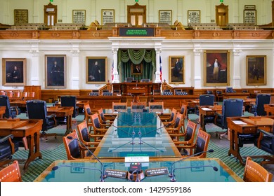 AUSTIN, Texas - April 22, 2019: Interior Of The Senate Chamber Of The Legislature Of The State Of Texas Inside The Texas State Capitol In Austin, Texas. The Senate Consists Of 31 Elected Members