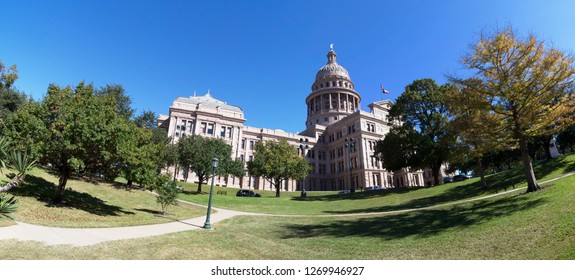 Austin, Texas Capitol Building Panorama Against Blue Sky.