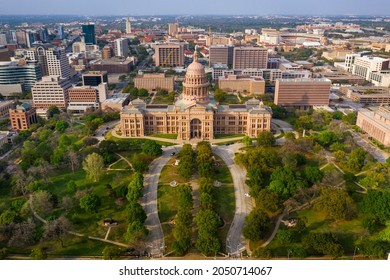Austin Texas Capitol Building at Sunset, Aerial Drone Photo of government building