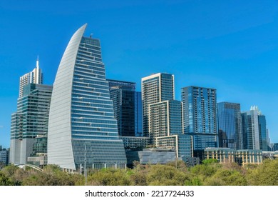 Austin Texas City Skyline Showing Modern Buildings And Vibrant Blue Sky. Beautiful Landscape With Apartments And Commercial Units Overlooking The City.