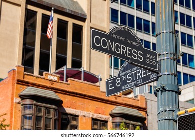 Austin, Texas Cityscape With Street Signs In The Historic District.