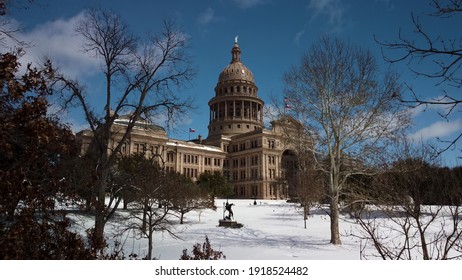 Austin, Texas - February 15, 2021: Fresh Snow Covers The State Capitol Lawn After A Winter Storm