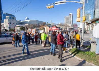 AUSTIN, TEXAS - JANUARY 19, 2020:  Counter-protest Demonstration And Presidential Motorcade Outside The Convention Center As President Trump Spoke To Texas Farmers At American Farm Bureau Federation.