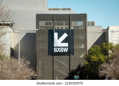 Austin, Texas March 13, 2022: South By Southwest Logo Banner Is Seen On Building