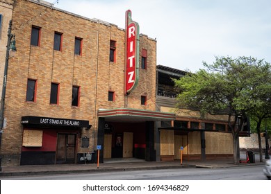 Austin, Texas March 19 2020: Boarded Up Alamo Drafthouse Ritz, Closed Due To The COVID-19 Outbreak On 6th Street, Now Permanently Closed After Chapter 11 Bankruptcy