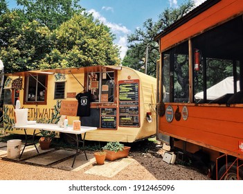 Austin, Texas - May 23, 2020: Yellow Stylish Food Truck In Austin