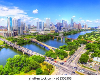 Austin Texas Skyline Cityscape Bridges Over Ladybird Lake Aerial View Traffic Buildings River Texas Tourism