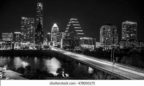 Austin Texas Skyline Cityscape At Night Black And White Long Exposure Traffic Over Congress Bridge