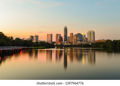 Austin Texas Skyline At Sunset On Ladybird Lake