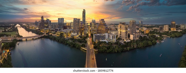 austin texas skyline with sunset pano