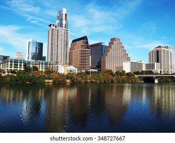 Austin, Texas Skyline From The Trail Along Lady Bird Lake.