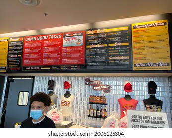 Austin, Texas USA - 04.16.2021:  Indoor View Of Torchy's Tacos Menu, A Tex Mex Restaurant In Austin, TX. 