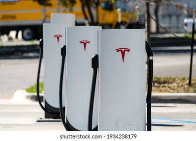 Austin , Texas , USA - 1-11-2021: Tesla Supercharging Network in Central Austin the new Version for Charging stations for Fast Charging your Electric Tesla Vehicles