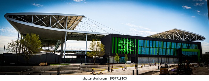 Austin, Texas, USA. April 17, 2021. Austin Fc Football Club Stadium Q2 Stadium Almost Finished Being Constructed. Stadium Done Still Working On Parking Lot.