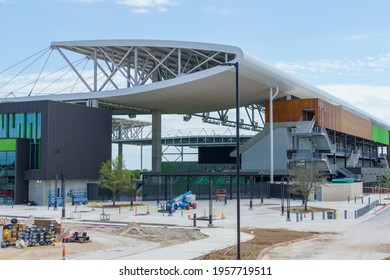 Austin, Texas, USA. April 17. 2021.Austin FC Logo On The New Q2 Stadium. Construction Vehicles Finishing Up.