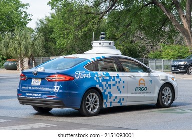 Austin, Texas, USA- April 19 2022: Argo Self Driving Car, Ford,  Downtown Austin, Texas