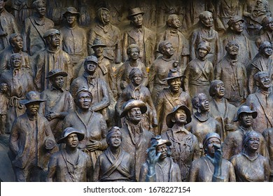 Austin, Texas / USA - December 29 2019: Detail Of A Crowd On The Emancipation Statue At The Texas Capitol - Texas African American History Memorial 