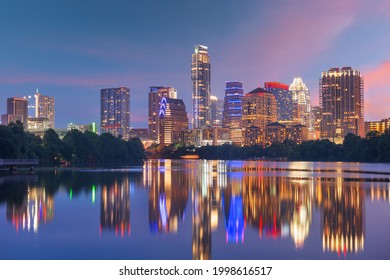 Austin, Texas, USA Downtown Skyline Over The Colorado River At Dawn.