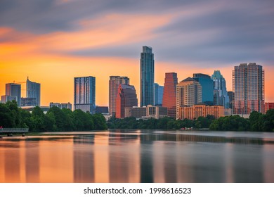 Austin, Texas, USA Downtown Skyline Over The Colorado River At Dawn.