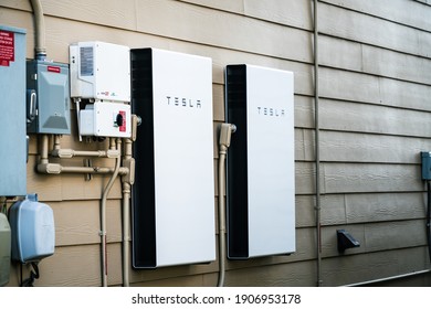 Austin , Texas , USA - January 26th 2020: Tesla Powerwall Home Battery Storage Connecting Home Energy Storage With Solar Panels And Powering The Grid With A Self Sustaining Future