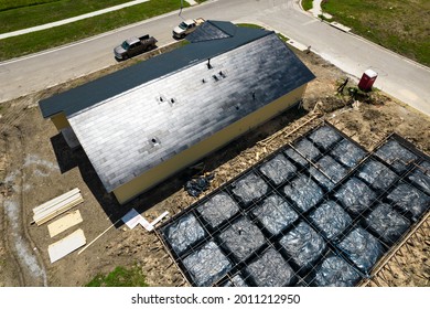 Austin , Texas , USA - July 19th 2021: Tesla Home Energy Solar Roof Tiles Being Developed In A Suburb In South East Austin With Solar Tiles And Powerwall Installations